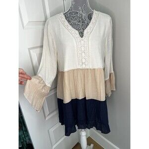 Cal Style Bohemian Dress Women’s Size L Tiered Tunic Cream Beige Navy